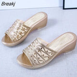 new women's slippers comfortable breathable wedge with thick bottom versatile mesh rhinestone slippers