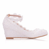 Breakj Heel White Lace Pearl High Heels Women's Shoes Slopes High Heels High Heels Wedding Shoes Shallow Buckle Round Head Single Gift