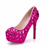 Queen Women Rhinestone Wedding Shoes High Heel Platform Event Handmade Cinderella Pumps Big