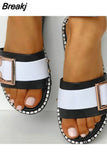 Women Metal leather Slippers Slides Summer Pearl Flat Crystal small size 34 Sandals home Female Casual Shoes Zapatos