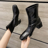 Solid Ankle Boots for Women Casual Block Heels Waterproof Boots Women Soft Leather Women's Ankle Boots Short Shoes