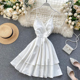 Summer Women V-neck Sling Cascade Ruffles Short Dress High Waist Slim Beach Backless Butterfly Bandage Red