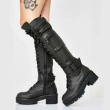 Design High Quality Female Motorcycle Boots Square Heel Lace-Up Narrow Band Winter Cool Street Women Knee High Boots