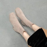 Head With Suede Boots, Spring And Autumn Style Elastic Thin Boots, Thick Heels, Single Boots, Gray Apricot Martin