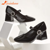 Toe Vintage Ankle Buckle Mary Jean Shoes 2023 European Style Thick High Heels Solid Elegant Women's Pumps Spring