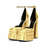 Platform Shoes Women Rhinestone Ankle Strap Prom Shoes Stylish Gold Silver Women Pumps Square Toe Thick Bottom