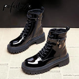 Winter Ankle Boots Women Black Platform Patent Leather Wedges Short Boots Female Fashion Mid Heels Round Toe