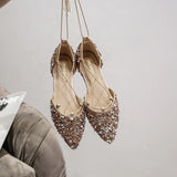 Women Ballet Flats Luxury Rhinestone Wedding Shoes Cross-Tied Lace Up Pointed Toe Shallow Mouth Shoes Loafers Plus