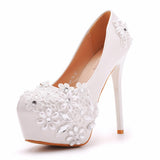 Breakj Cm White Lace High Heels Wedding Shoes Water Drill Pearl Banquet Shoes Large Size Thin Heel Waterproof Table Single