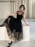 Vintage Black Strap Dress Gothic Casual 2023 Summer Sleeveless Sexy Retro Midi Dress Slim Korean Style Party Dress