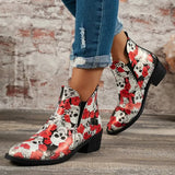 Printed Cowboy Boots for Women 2023 Autumn Winter Pu Leather Ankle Boots Woman Slip On Thick Heels Chelsea Botines