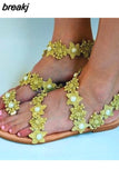 Summer Women Sandals Sweet Boho Pearl Decoration Sandals Leather Flats Plus Size Women Beach Sand Holiday Shoes