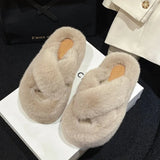 Breakj Thick-Bottomed Fur Slippers Women 2025 Autumn And Winter New Fashion Cross-Carrying Home Cotton
