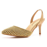 Queen Women Gold Pearl Pumps Slingback High Heels Elegant Medium Lady Stiletto Sexy Wedding