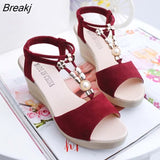Summer Ladies Platform Wedge Sandals with Rhinestone Red Beige Casual Comfortable Slope Heel Open Toe Shoes Women's