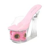 Women Model Shoes Thick Super High heels 17cm Sunflower Waterproof Fishmouth Sandals Transparent Crystal Shoes Wedding