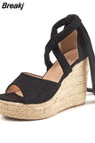 Women's Espadrille Ankle Strap Sandals Wedges Woman Pumps Platform Women Summer Shoes Comfortable Flax Hemp Canvas High