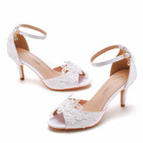 Breakj Cm Lace Flower Fish Mouth High Heel Sandals Light Mouth Buckle With Large-Size Round Head White Ribbon High Heel