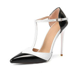 Sandals Women Plus Size 34-47 High Heels 2023 Sexy Colour Block Sparkling Patent Leather Summer Pointed Toe