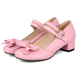 Japanese Sweet Lolita Pumps Maid Cosplay Princess Mary Jane Shoes Cute Bow Strap Buckle Plus Size 34-50 Black Pink