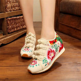 Spring Women's Flower Embroidered Flat Platform Shoes Chinese Ladies Casual Comfort Denim Fabric Sneakers Shoes