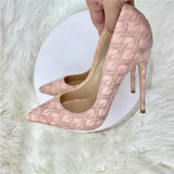 Elegant Women Pink Lace Fabric Pointy Toe High Heel Wedding Bridemaids Shoes Comfortable 8cm 10cm 12cm Stiletto