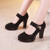 Catwalk High Heels Women's Thick Heels Waterproof Table Pointed Black Work Shoes Velcro Women's Singles