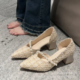 Small Fragrant Wind Thick Heel Single Shoes Women 2023 Evening Wind Pointed Hollow Single Shoes Elegant Temperament Shallow High