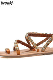 Summer Women Sandals Sweet Boho Pearl Decoration Sandals Leather Flats Plus Size Women Beach Sand Holiday Shoes