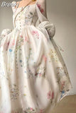 Elegant Floral Midi Dress Chiffon Long Sleeve Evening Party Dress Woman Beach Fairy One Piece Dress Korean 2023