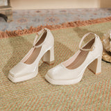 Waterproof Table One Word Button Spring New High Heels Mary Jane Senior Sense Silk Square Head Thick Heel Women's