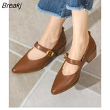 Fashion Casual Fall New Women's Singles Shoes Pointed Toe Buckle Solid Color Square Root Shallow Mouth Mary Jane