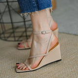 Summer Wedge Sandals Female Apricot High Heel With A Loose Cake Solid Color Hollow