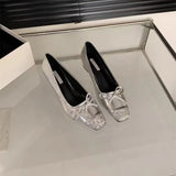 Temperament Heel Single Shoes Fairy Shoes 2024 Spring And Autumn New Sequins Shallow Bow Silver High