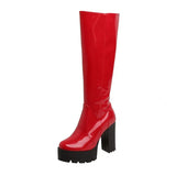 Patent Leather Platform Long Boots Gothic Black White Fashion Square Heel Knee High Boots Women With Zipper Good