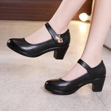 2023 Comfortable Medium-Heeled Round Head Large Size 40-43 Middle-Aged Leather Shoes Catwalk Cheongsam Single