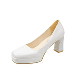 Size Square Head High Heels Fashion Waterproof Platform Women's Fashion Cover Foot Bright Skin Thick Heel Work Single