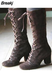 Black Boots Women Shoes Knee High Women Casual Vintage Retro Mid-Calf Boots Lace Up Thick Heels