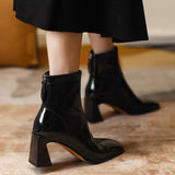 Breakj Zi Yan Paint Leather Martin Boots Women's High Heel 2023 Autumn And Winter New Square Head Thick Heel Single Boots Show Thin Short Leg