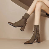 Breakj Temperament Style ~ New Square Head Thousand Bird Martin Boots Female 2023 Autumn Bow Thick High Heel Ankle