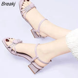 Women's Soft Leather Sandals 2022 Summer New All-match Medium Heel Thick Heel Outdoor Buckle Soft Sole Rhinestone