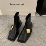 Women Ankle Boots Designer Square Toe Leather Shoes New Chunky Heels Zipper Fad Brand Motorcycle Goth Snow Botas De