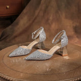 Breakj Shoes Crystal Shoes Women Wedding Shoes White Wedding Shoes Coarse Hedliers Buckle High