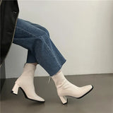 Breakj Female Fairy 2024 New Soft Leather Thick Heel Zipper Low Tube Chimney Boots Web Celebrity Fashion Chelsea Ankle