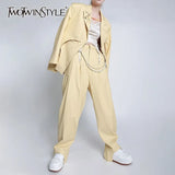 Elegant Two Piece Set For Women Notched Long Sleeve Irregular Top High Waist Full Length Pant Casual Sets
