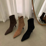 Breakj Temperament Autumn And Winter Pointed Elastic Boots Female New Net Red Thin Suede Fashion Commuter Ankle Boots Heel Ankle