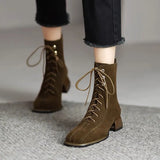 Breakj Lace-Up Short Boots Female Thick With Soft Leather Frosted Autumn Winter New Fashion Retro Simple Square Head In The Heel Martin