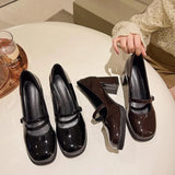 Breakj Black High Heels Women Spring 2024 New French Thick Heel Small Leather Shoes British Style Mary Jane Women's