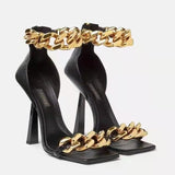 Square Toe Sandals Women Unique Thin High Heels Back Zip Open Toes Metal Chains Decor Runway Sandalias Big Plus Szie