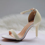Breakj Heel Sandals White Buckle Shoes Fine Heel Fish Mouth Roman Sandals White Pearl